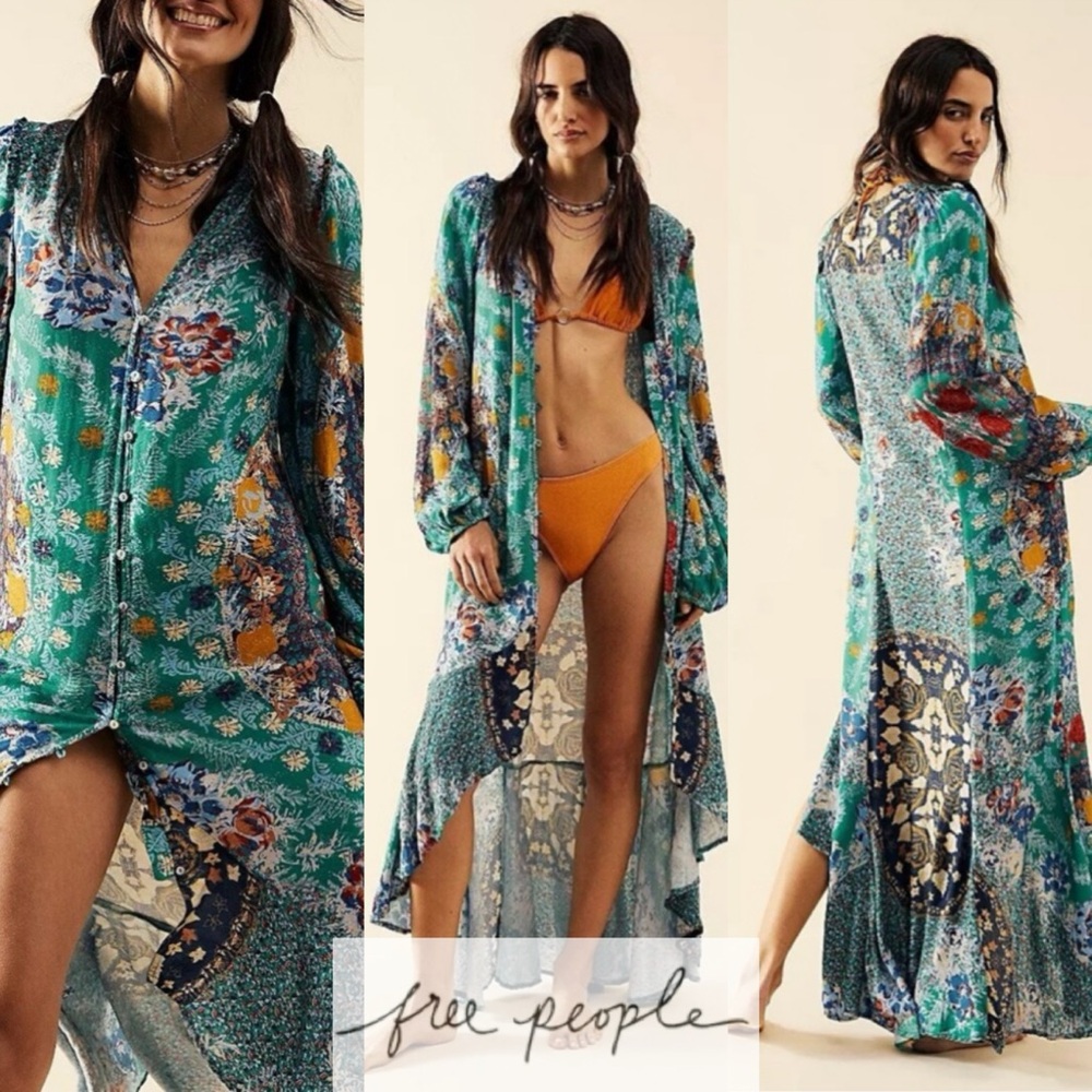 NWT | Free People | ‘Marais’ Printed Button Down Midi Dress Kimono in Emerald